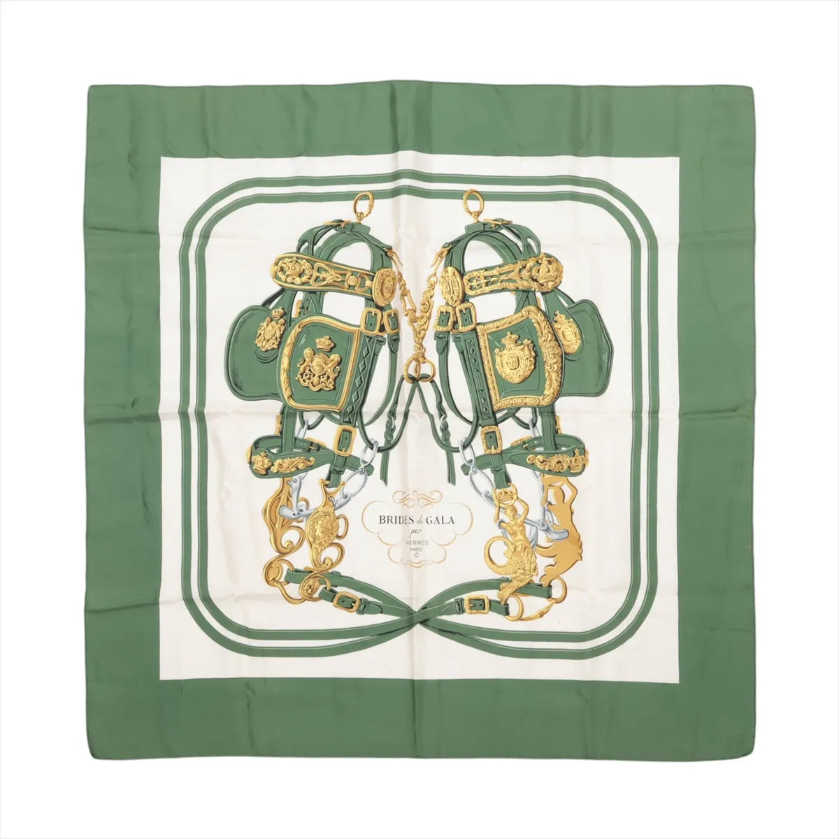 Hermès Carré 90 "Brides de Gala" silk scarf in green, featuring two ornate gold and green bridles mirrored at the center, framed by green borders and a white background with the title "Brides de Gala" in an elegant cartouche.