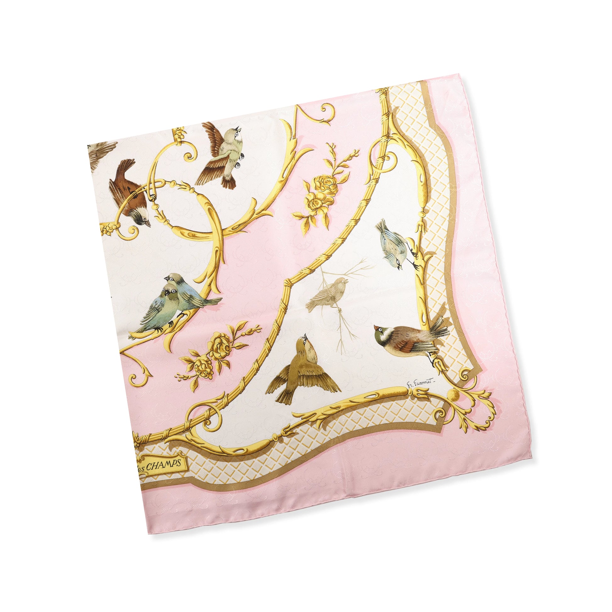 Hermès Carré 90 "La Clé des Champs" silk scarf featuring a pink and ivory background with gold scroll accents and various detailed birds in flight and perched throughout the design.