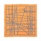 Hermès Carré 90 orange silk scarf with gray Bolduc ribbon print, crisscrossing ribbon lines, and a tied bow motif on white background