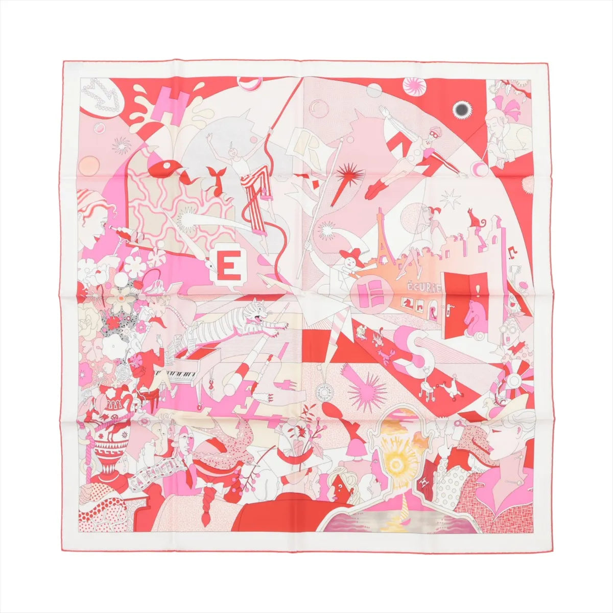 Hermès Carré 90 “Ça Décoiffe” pink silk scarf with red, pink, and white illustrated print and red border, laid flat