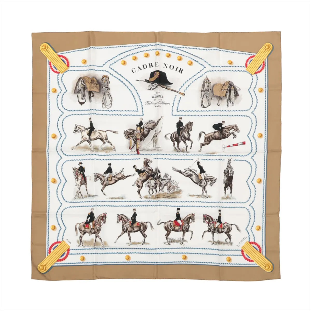 Hermès Carré 90 "CADRE NOIR" silk scarf in beige featuring detailed equestrian illustrations of riders and horses in motion, surrounded by military-inspired trims and blue stitched borders.