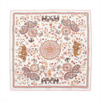 Hermès Carré 90 "Carré Kantha" silk handkerchief in ecru featuring intricate Kantha-style embroidery print with elephants, tigers, butterflies, birds, and floral elements in earthy tones of orange, brown, and red with a decorative border.