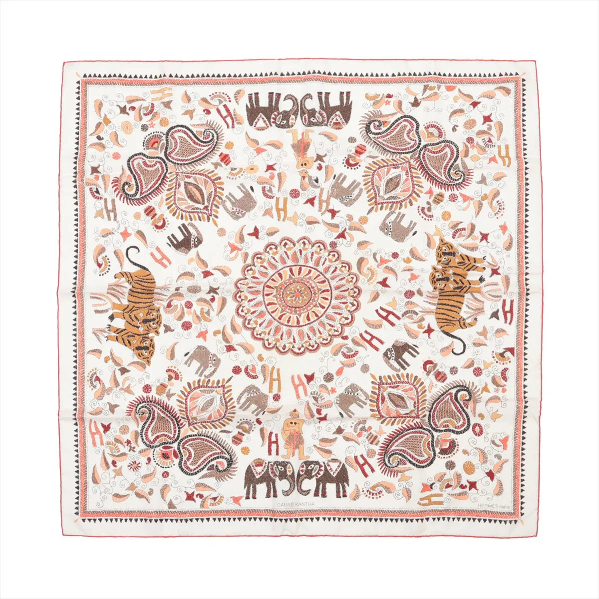 Hermès Carré 90 "Carré Kantha" silk handkerchief in ecru featuring intricate Kantha-style embroidery print with elephants, tigers, butterflies, birds, and floral elements in earthy tones of orange, brown, and red with a decorative border.