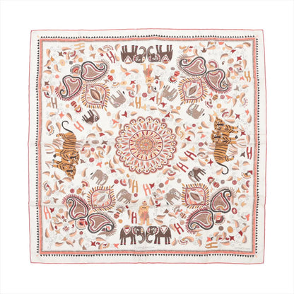 Hermès Carré 90 "Carré Kantha" silk handkerchief in ecru featuring intricate Kantha-style embroidery print with elephants, tigers, butterflies, birds, and floral elements in earthy tones of orange, brown, and red with a decorative border.