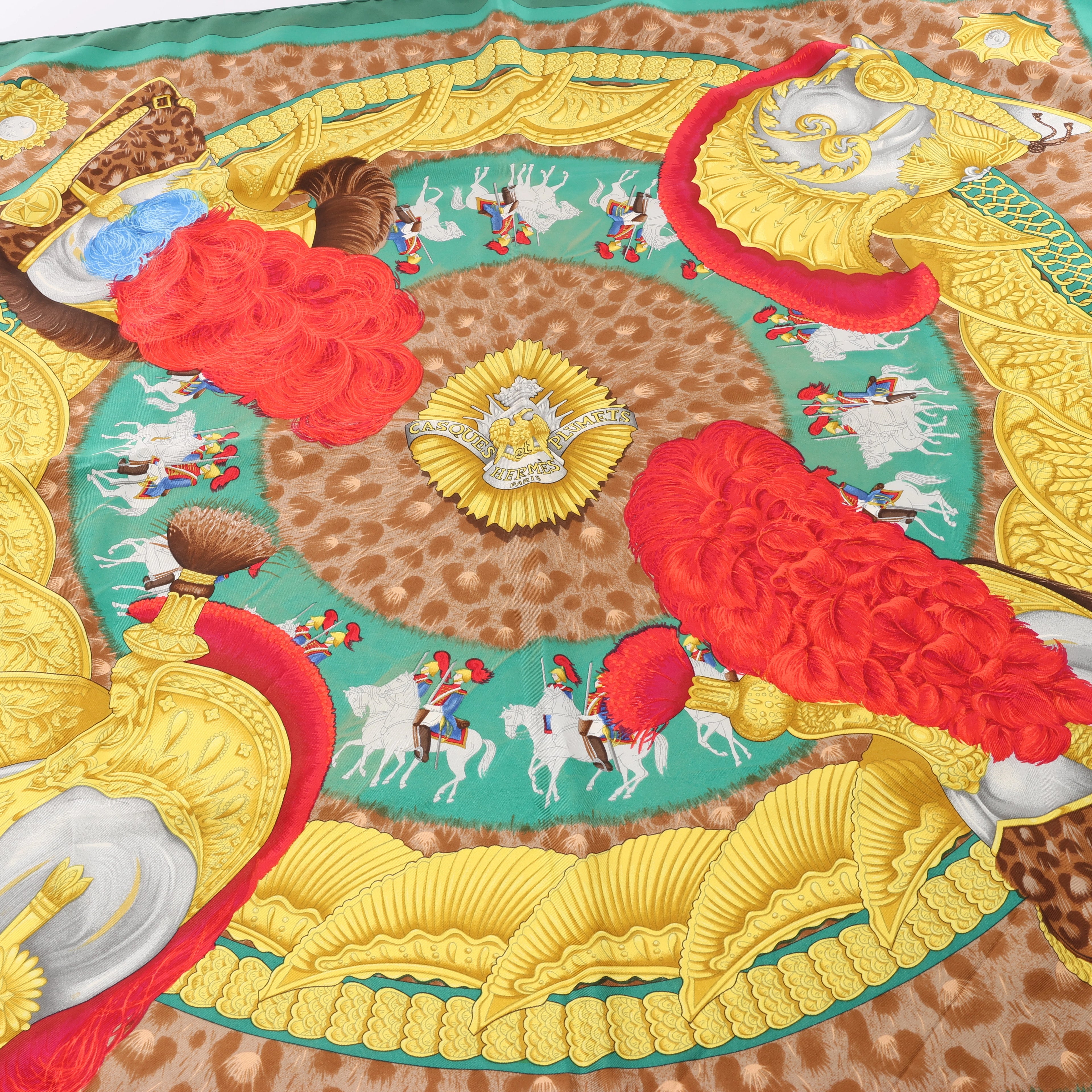 Hermès Carré 90 "CASQUES et PLUMETS" Silk handkerchief in Green