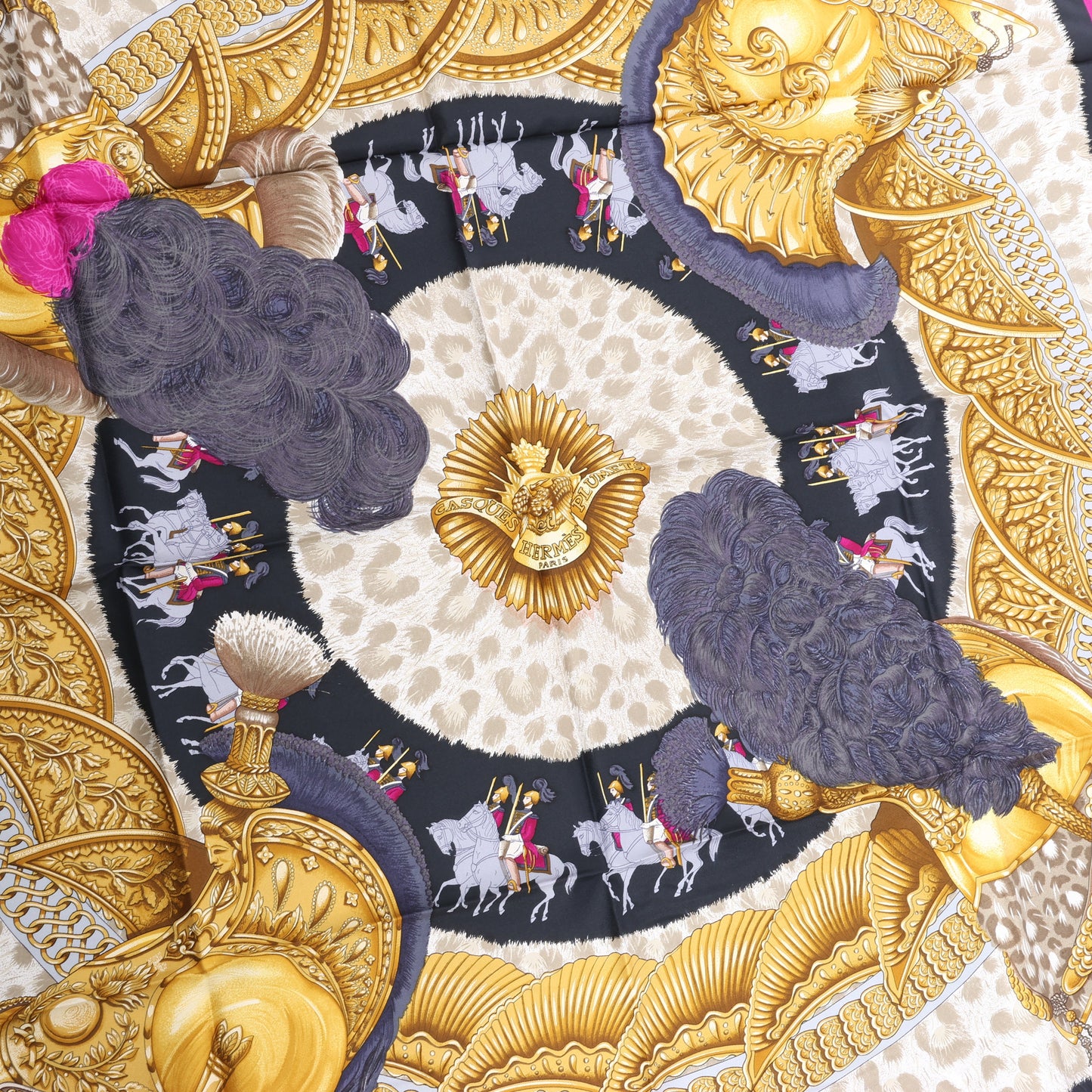 Hermès Carré 90 "CASQUES et PLUMETS" 100% Silk Scarf in Purple