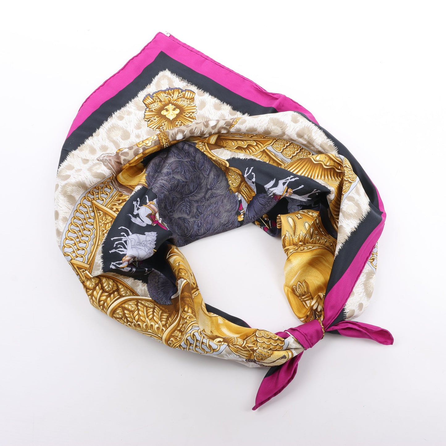 Hermès Carré 90 "CASQUES et PLUMETS" 100% Silk Scarf in Purple