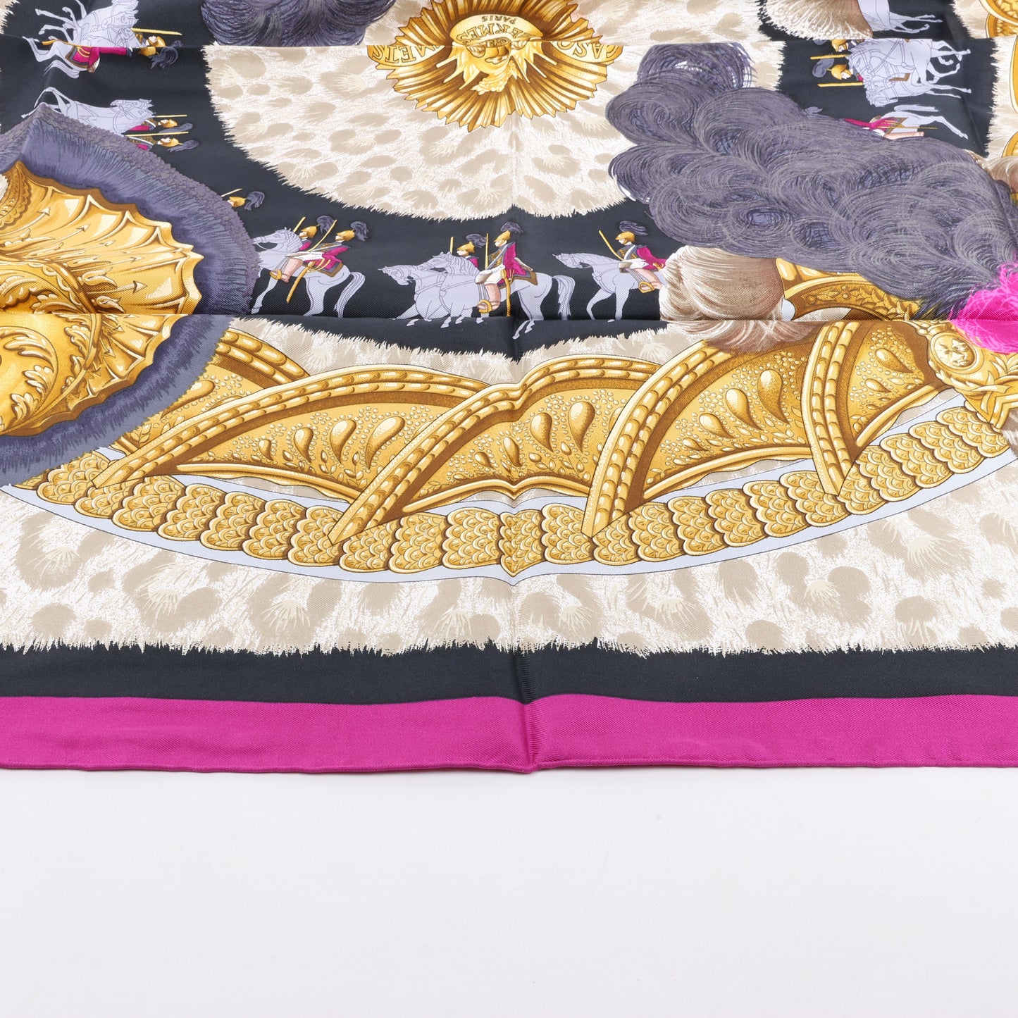 Hermès Carré 90 "CASQUES et PLUMETS" 100% Silk Scarf in Purple