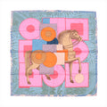 Hermès Carré 90 silk scarf in blue and pink with horse illustration overlaid with geometric circles and rectangles, set on a teal botanical background with patterned border.