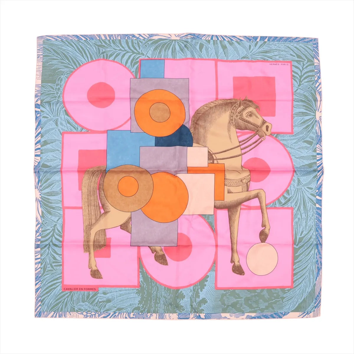Hermès Carré 90 silk scarf in blue and pink with horse illustration overlaid with geometric circles and rectangles, set on a teal botanical background with patterned border.