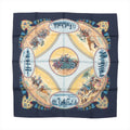 Hermès Carré 90 "CAVALIERS PEULS" silk handkerchief in navy blue featuring intricate illustrations of Peul horsemen, cultural scenes, and geometric patterns with a circular central motif, displayed flat against a white background.