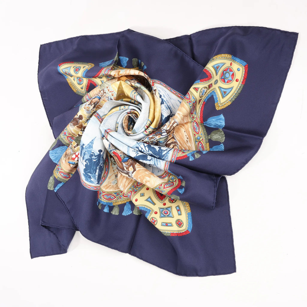 Hermès Carré 90 "CAVALIERS PEULS" Silk handkerchief in Navy Blue