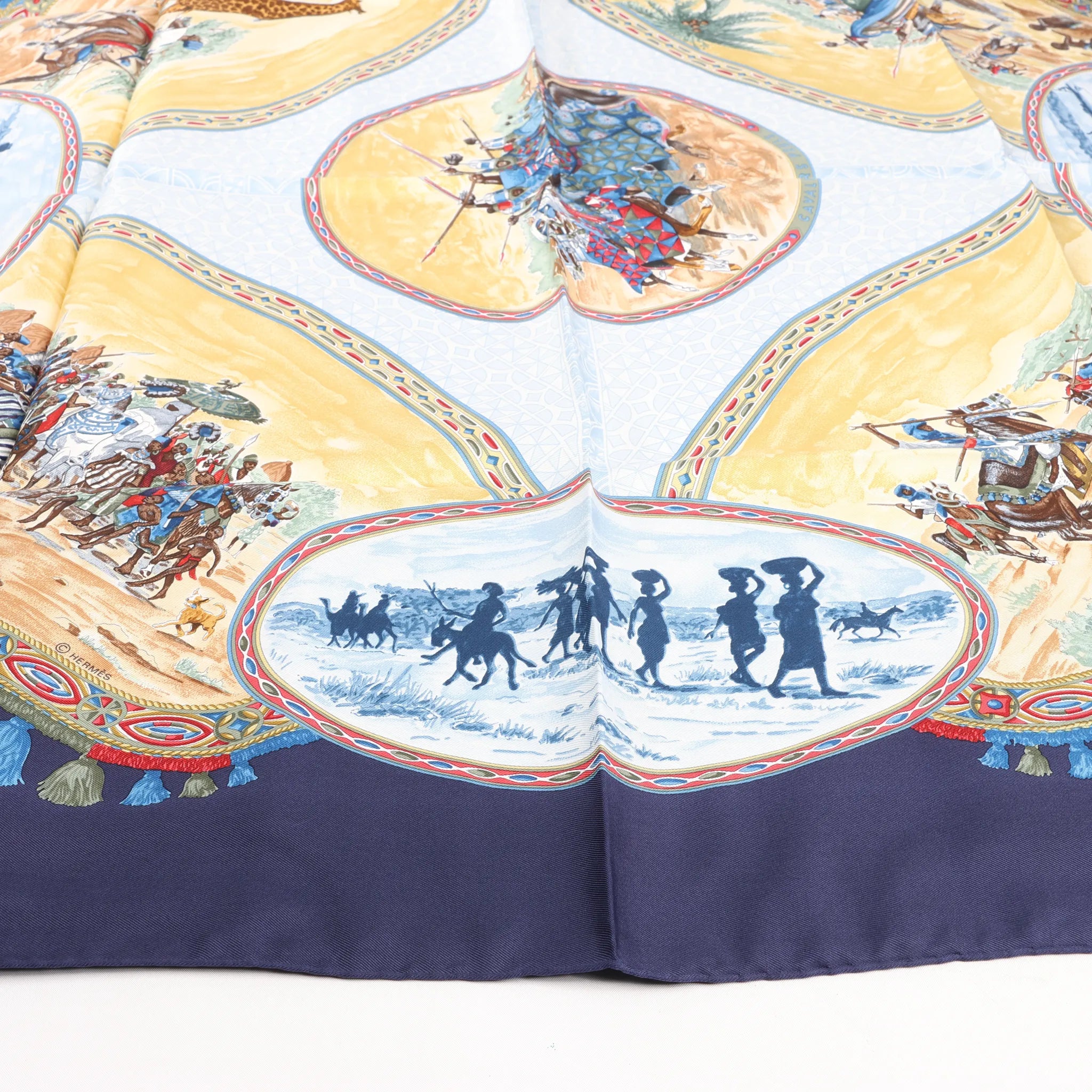 Hermès Carré 90 "CAVALIERS PEULS" Silk handkerchief in Navy Blue