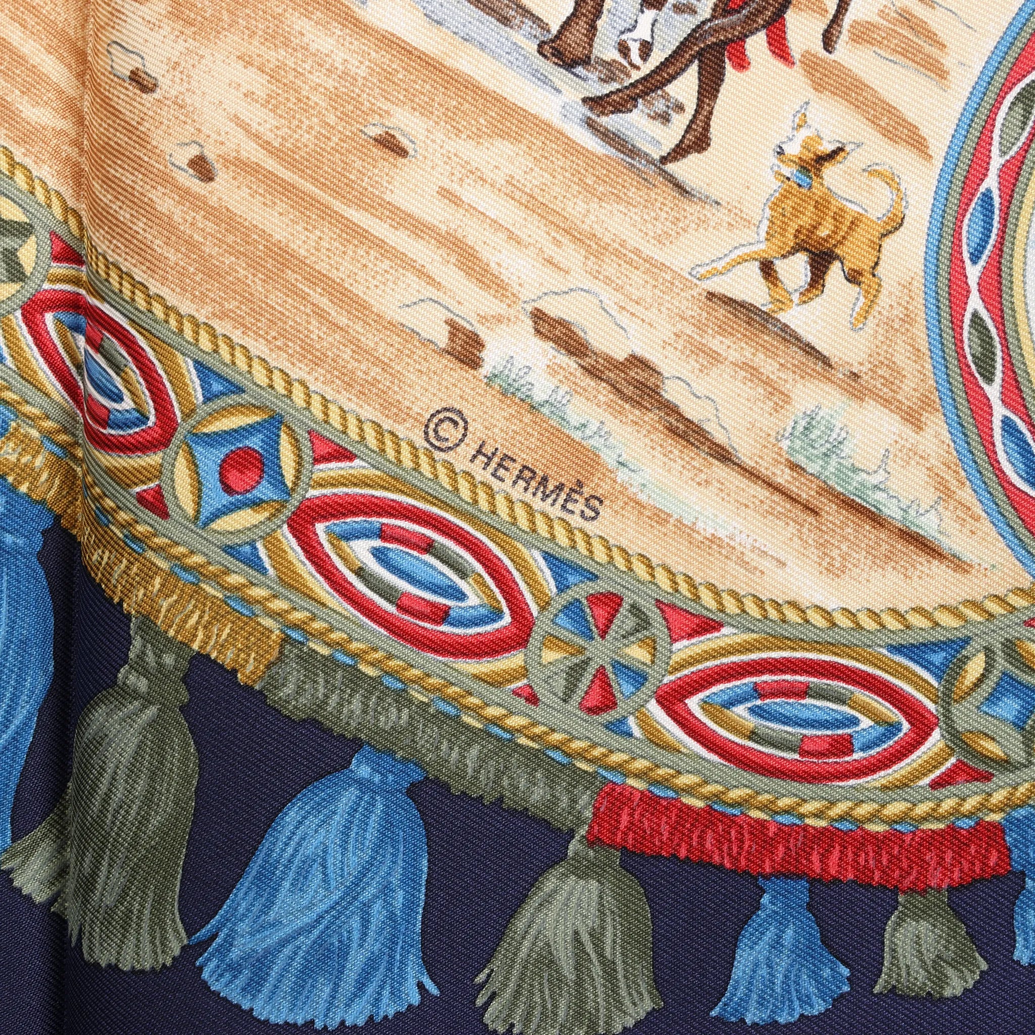 Hermès Carré 90 "CAVALIERS PEULS" Silk handkerchief in Navy Blue