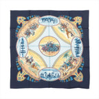 Hermès Carré 90 navy blue silk scarf with circular equestrian scenes, riders on horseback, desert vignettes, tassel-style border accents, and multicolor detailing on white background