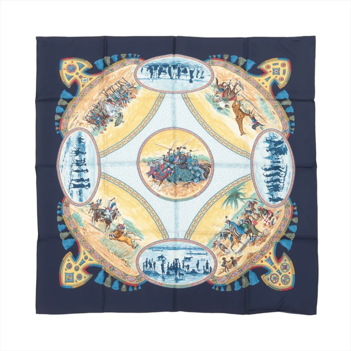 Hermès Carré 90 navy blue silk scarf with circular equestrian scenes, riders on horseback, desert vignettes, tassel-style border accents, and multicolor detailing on white background