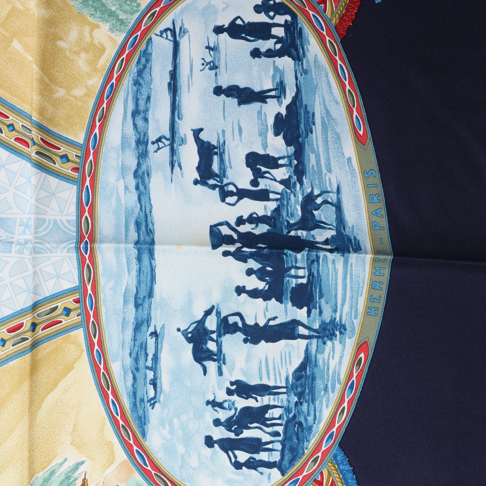 Hermès Carré 90 "CAVALIERS PEULS" Silk handkerchief in Navy Blue