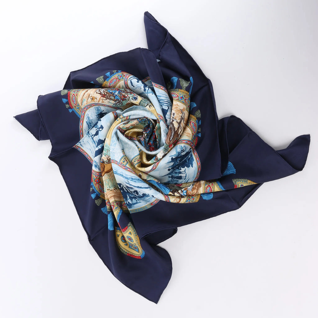 Hermès Carré 90 "CAVALIERS PEULS" Silk handkerchief in Navy Blue