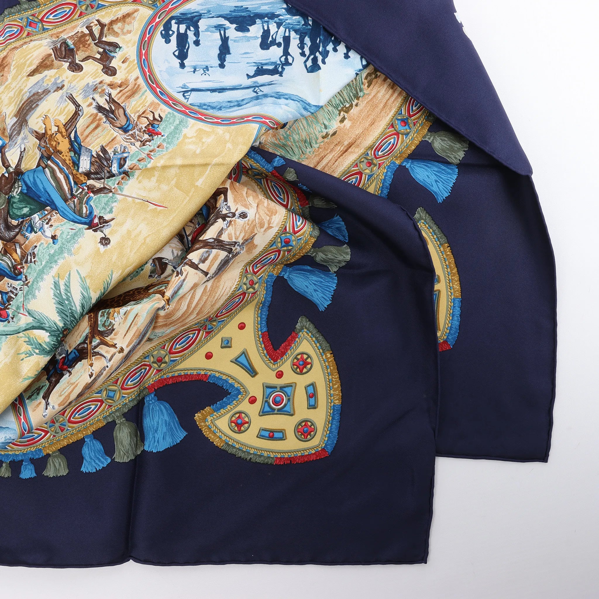 Hermès Carré 90 "CAVALIERS PEULS" Silk handkerchief in Navy Blue