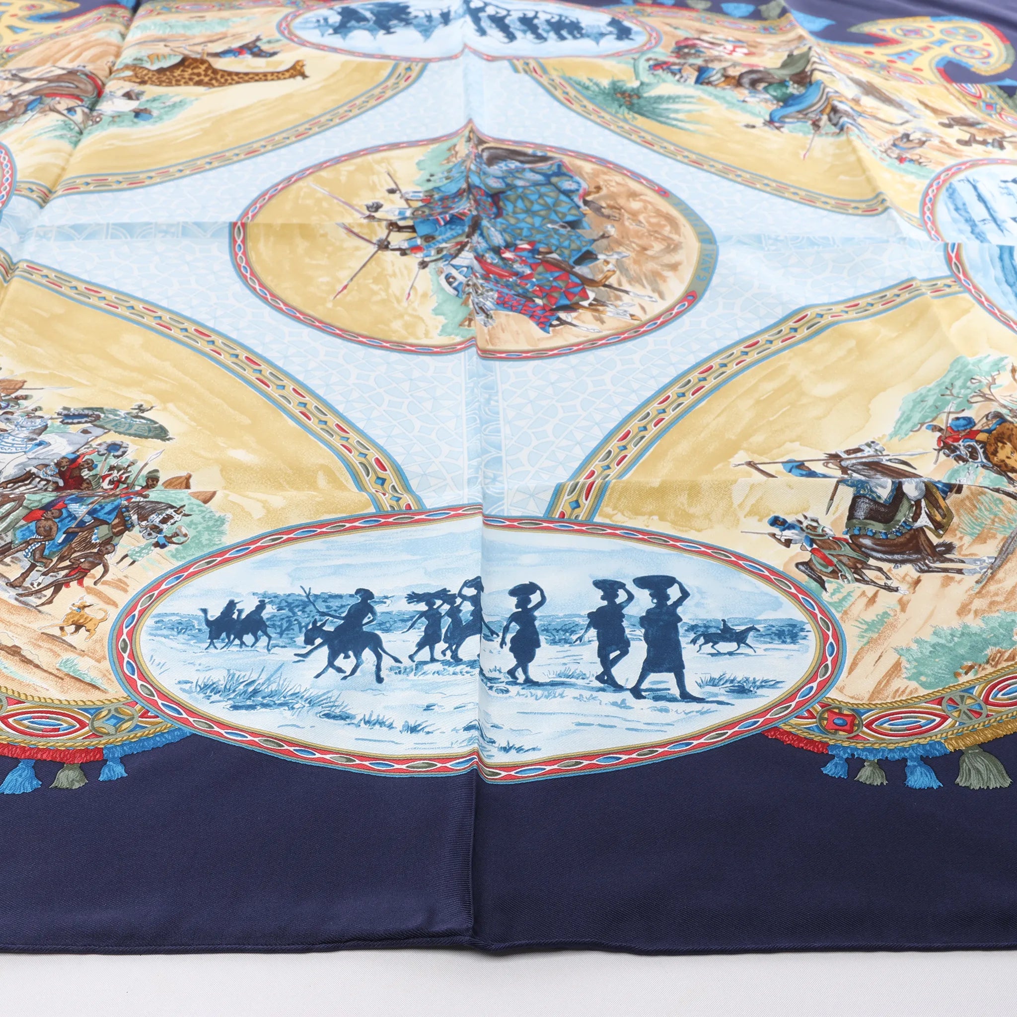 Hermès Carré 90 "CAVALIERS PEULS" Silk handkerchief in Navy Blue