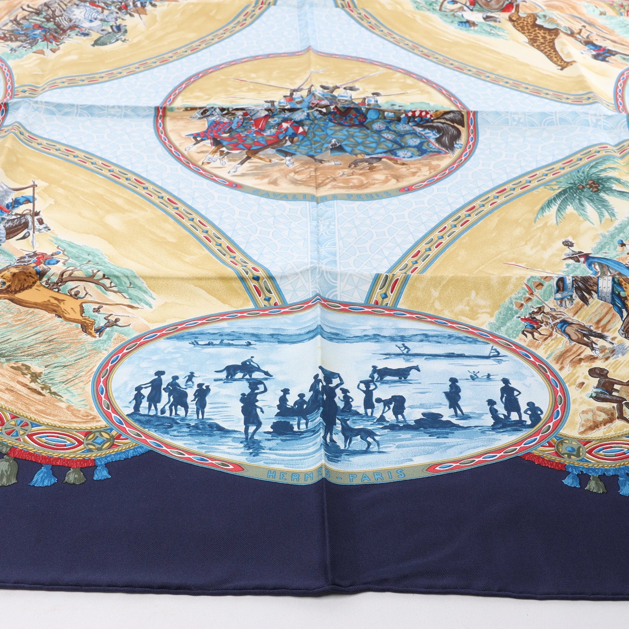 Hermès Carré 90 "CAVALIERS PEULS" Silk handkerchief in Navy Blue