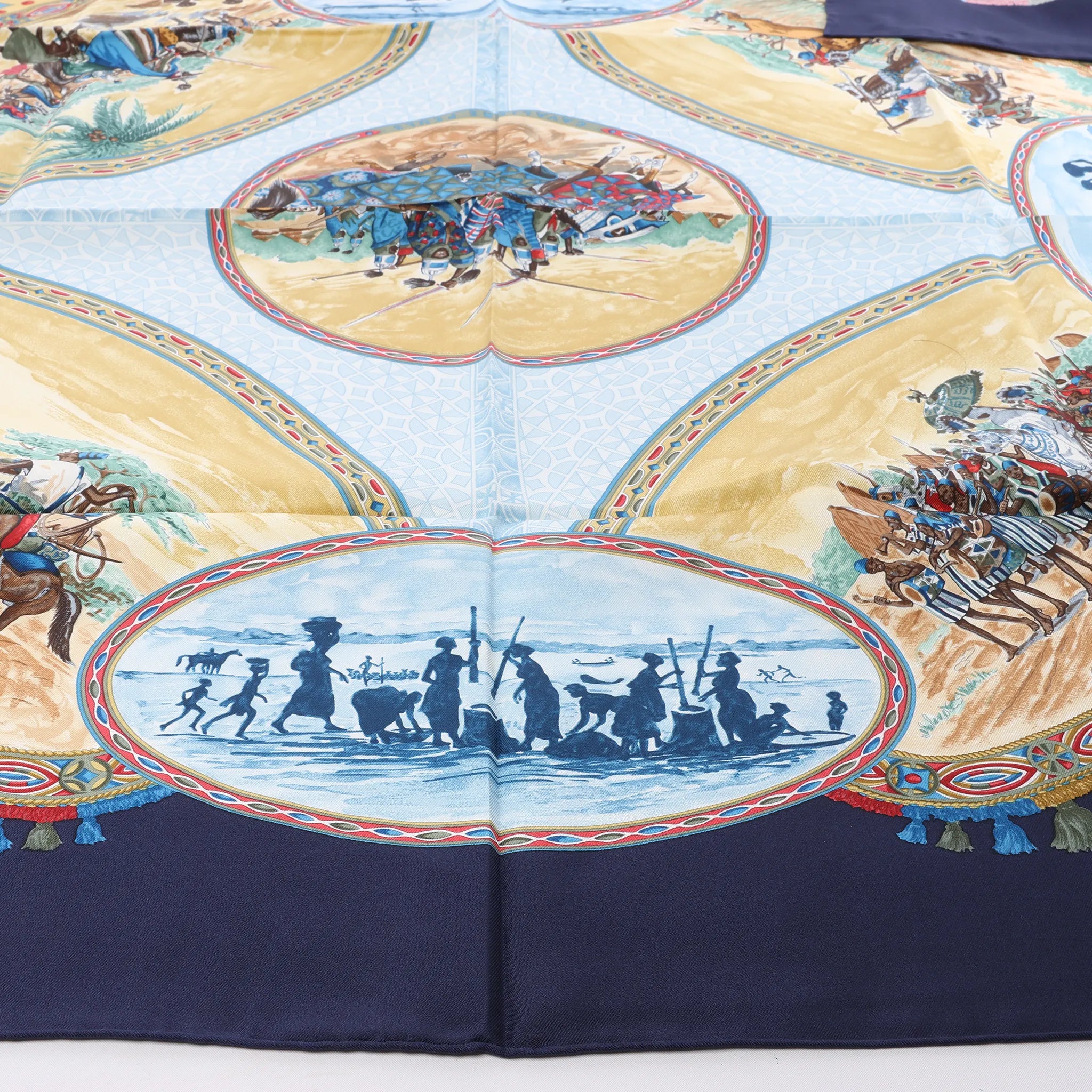 Hermès Carré 90 "CAVALIERS PEULS" Silk handkerchief in Navy Blue