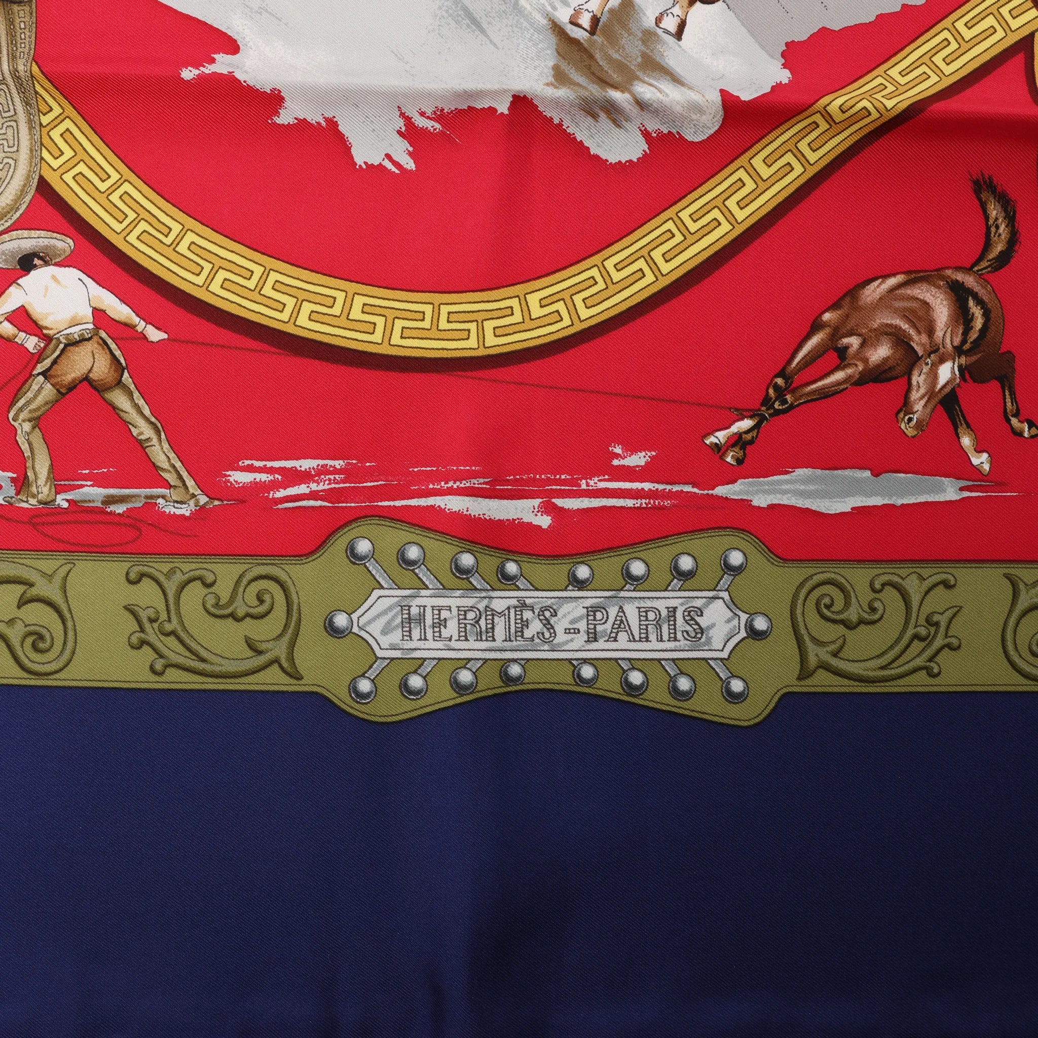 Hermès Carré 90 "CHARREADA" Silk handkerchief in Navy Blue x Red