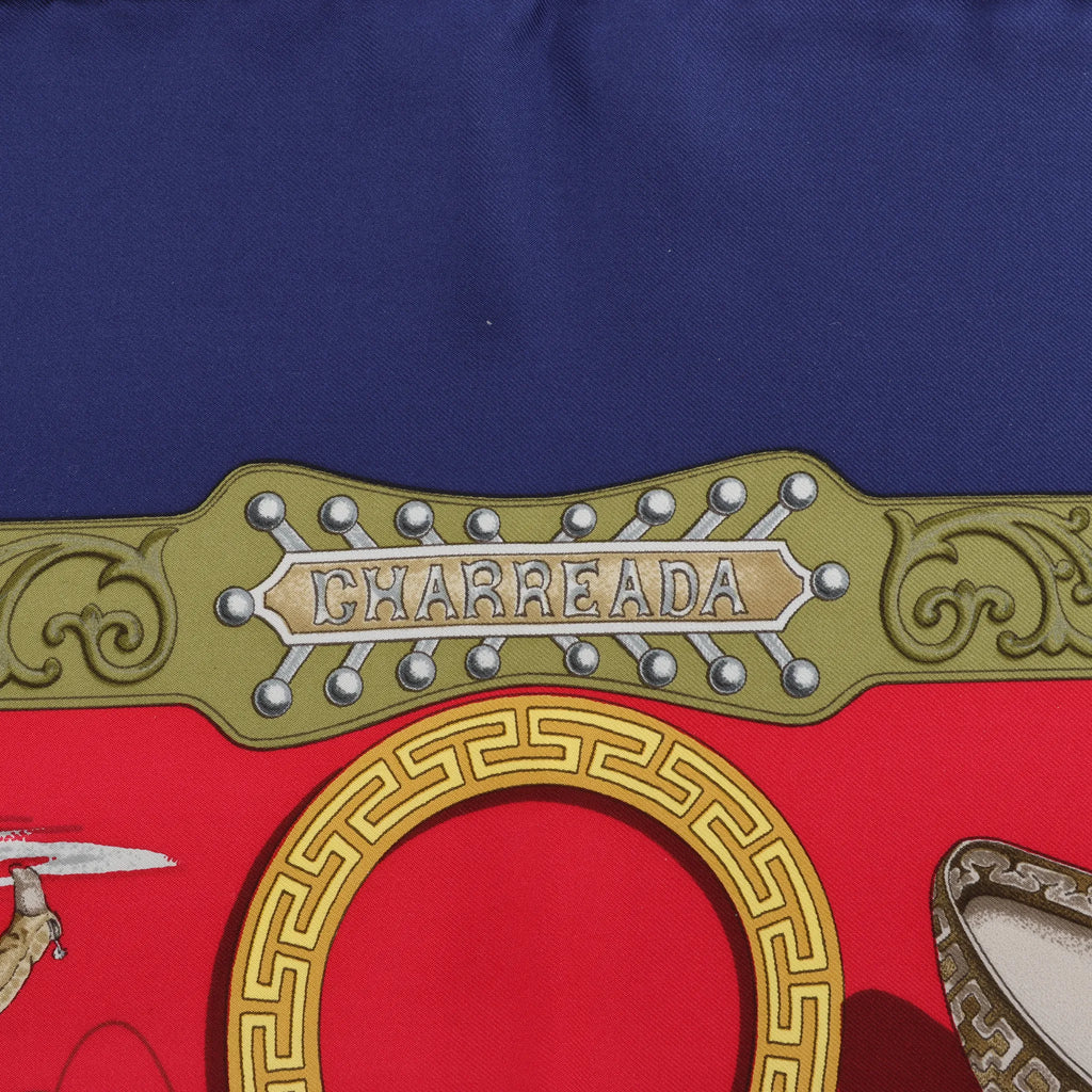 Hermès Carré 90 "CHARREADA" Silk handkerchief in Navy Blue x Red