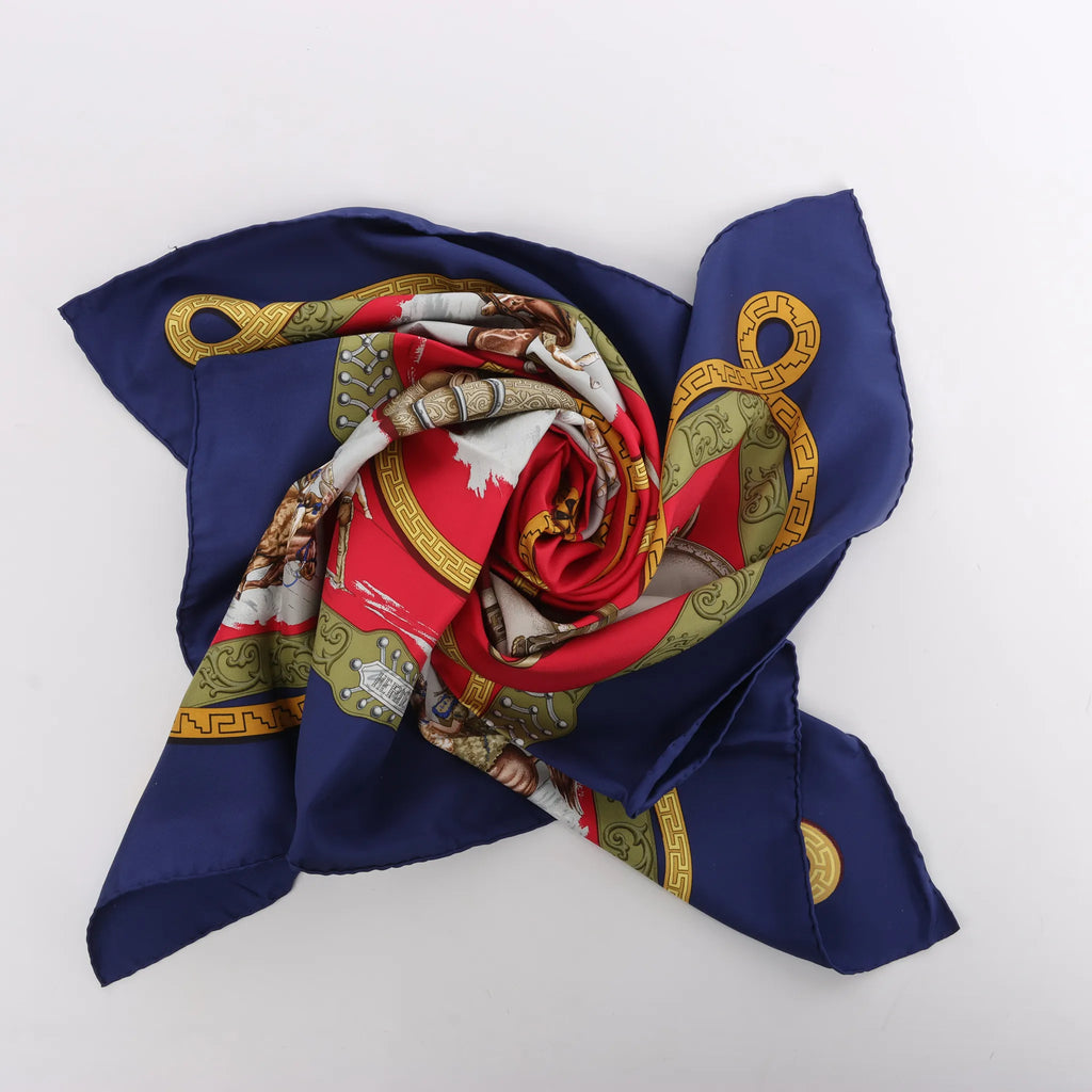 Hermès Carré 90 "CHARREADA" Silk handkerchief in Navy Blue x Red