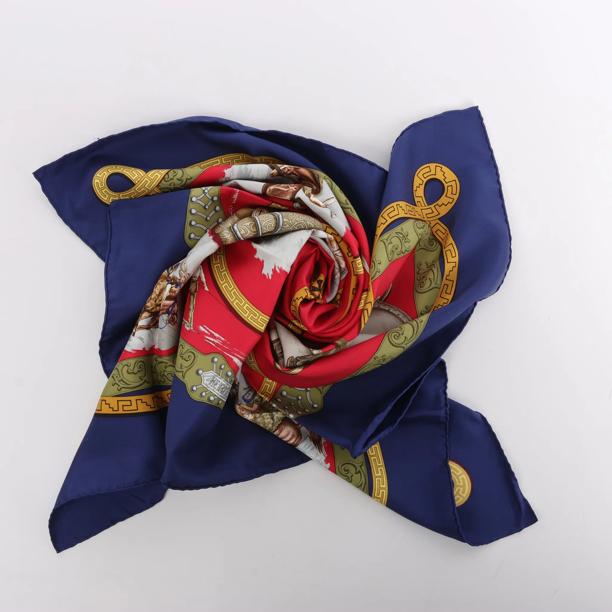 Hermès Carré 90 "CHARREADA" Silk handkerchief in Navy Blue x Red