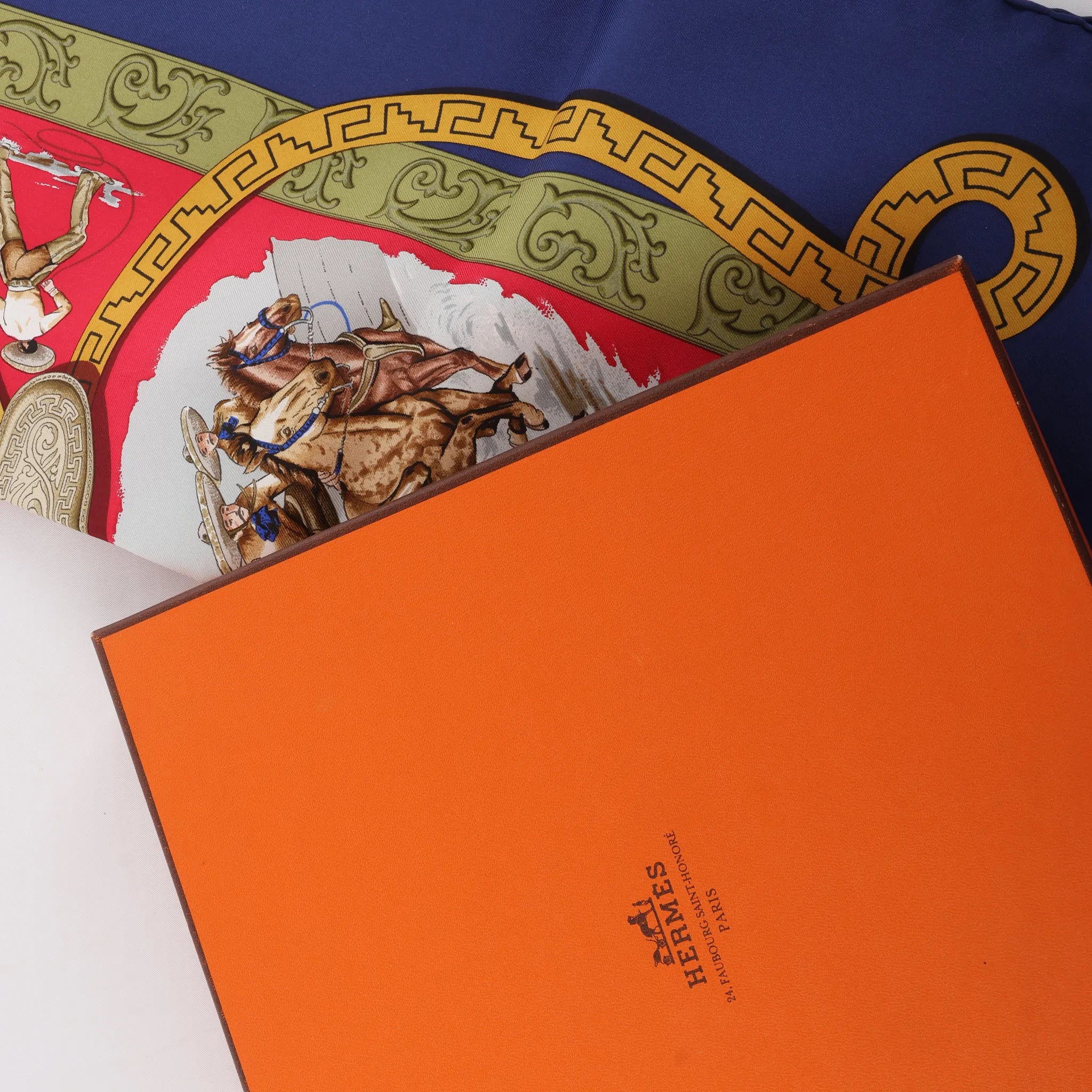 Hermès Carré 90 "CHARREADA" Silk handkerchief in Navy Blue x Red