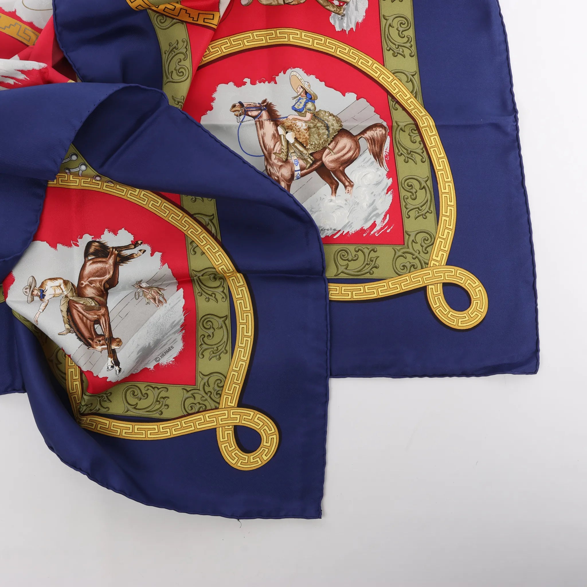 Hermès Carré 90 "CHARREADA" Silk handkerchief in Navy Blue x Red