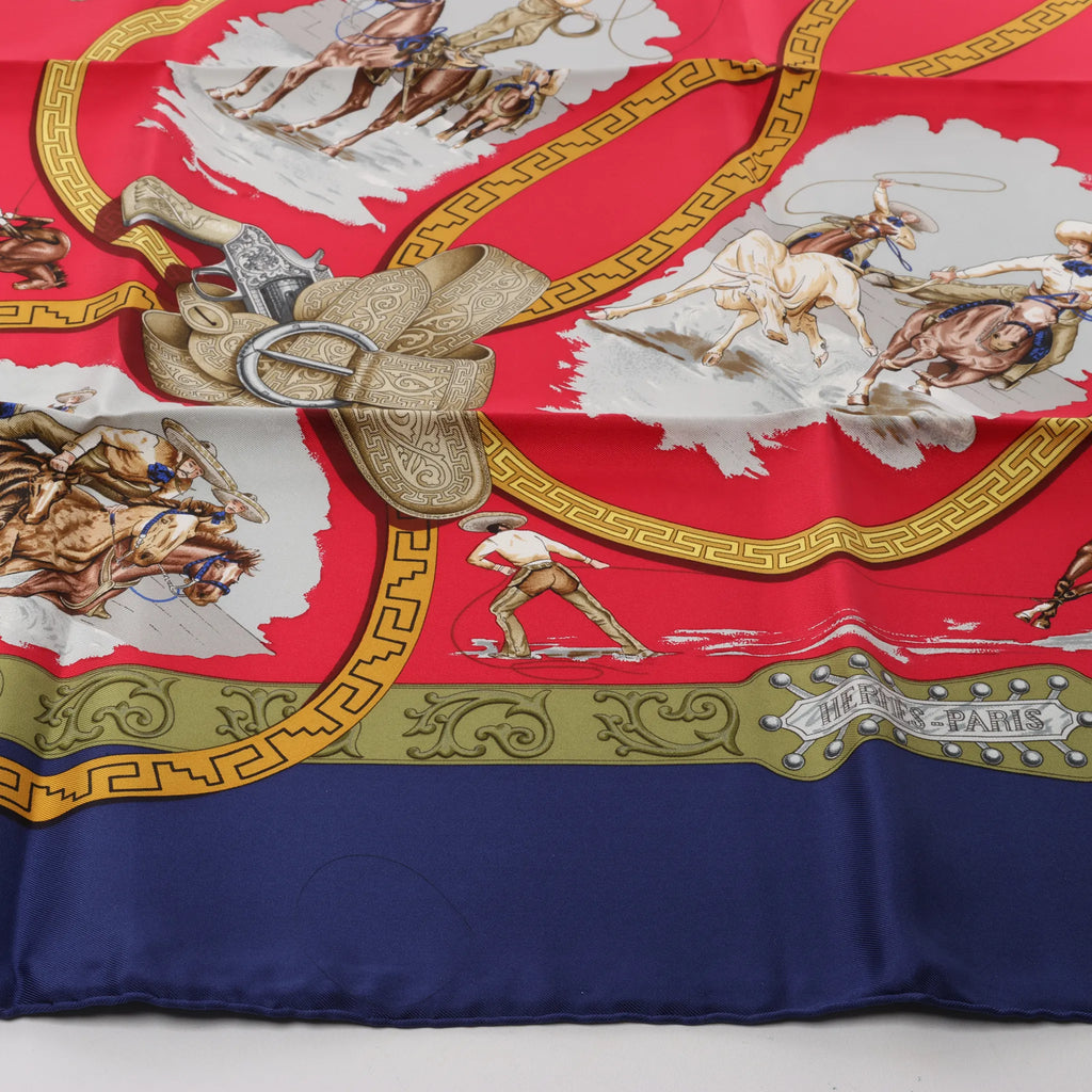 Hermès Carré 90 "CHARREADA" Silk handkerchief in Navy Blue x Red