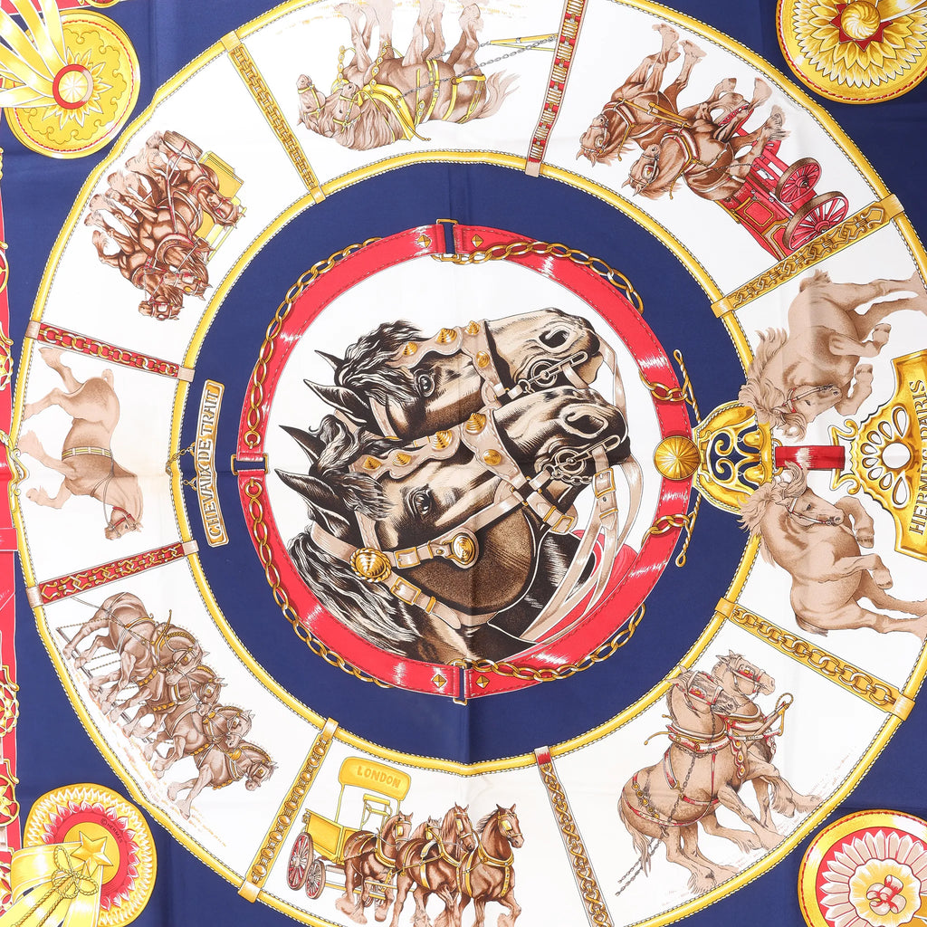 Hermès Carré 90 "CHEVAUX DE TRAIT" Silk handkerchief in Navy Blue