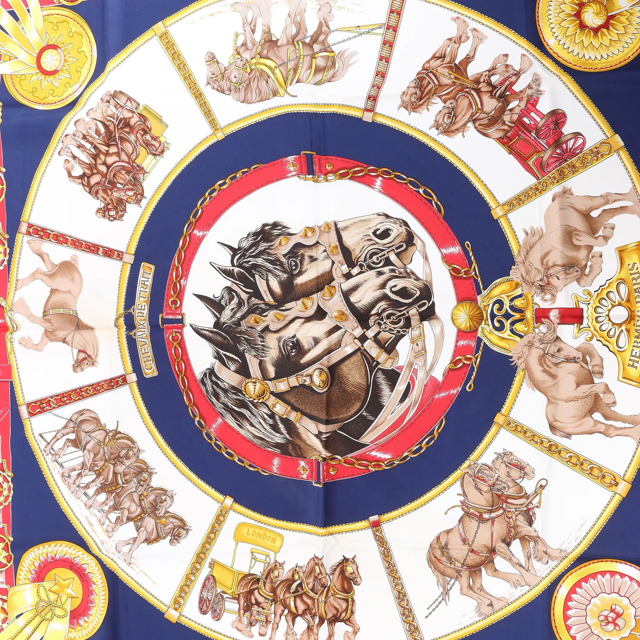 Hermès Carré 90 "CHEVAUX DE TRAIT" Silk handkerchief in Navy Blue