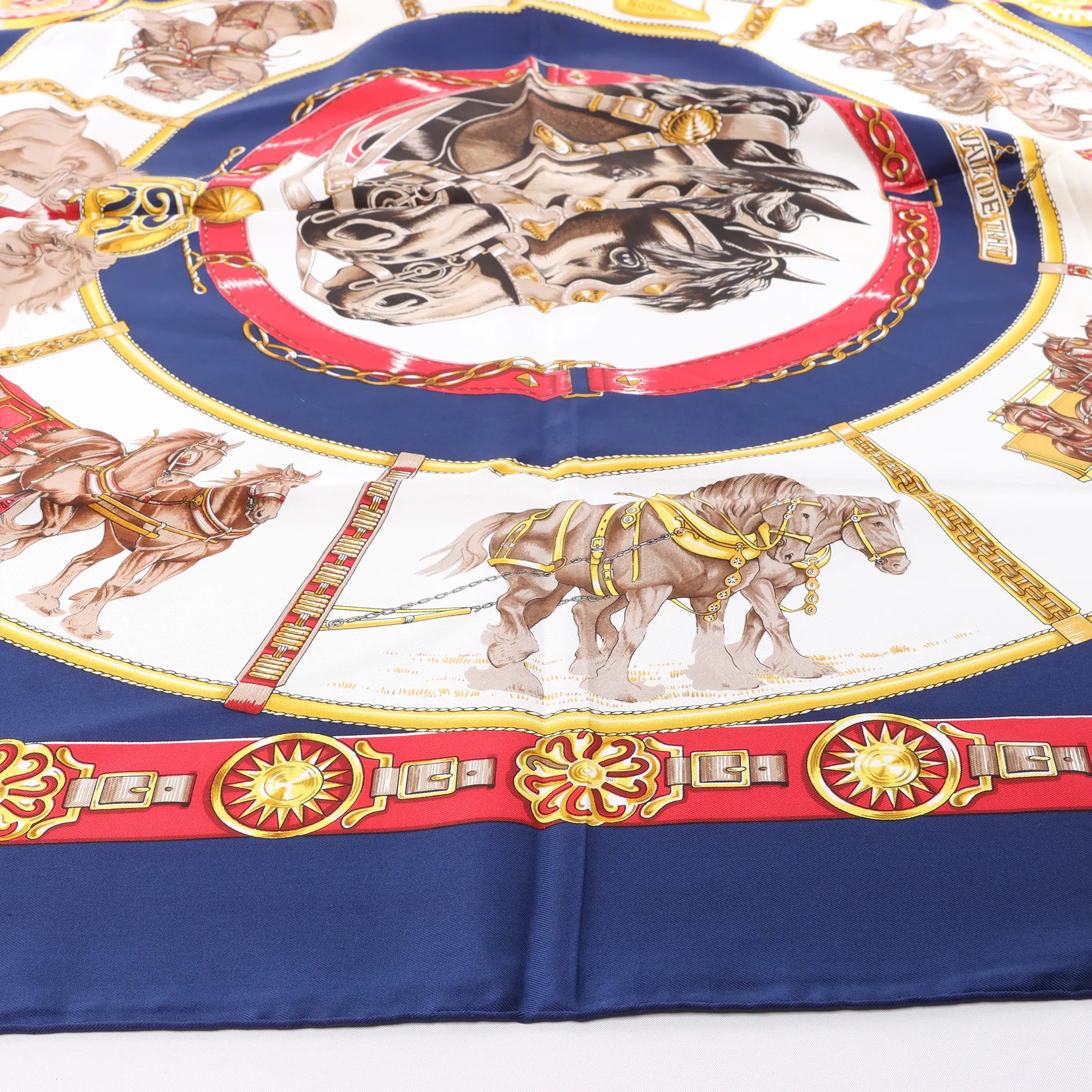 Hermès Carré 90 "CHEVAUX DE TRAIT" Silk handkerchief in Navy Blue