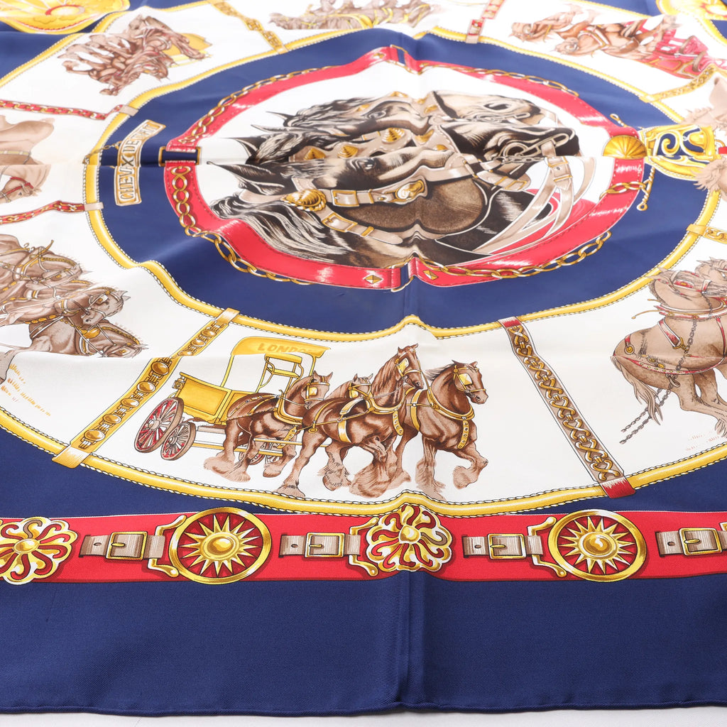 Hermès Carré 90 "CHEVAUX DE TRAIT" Silk handkerchief in Navy Blue