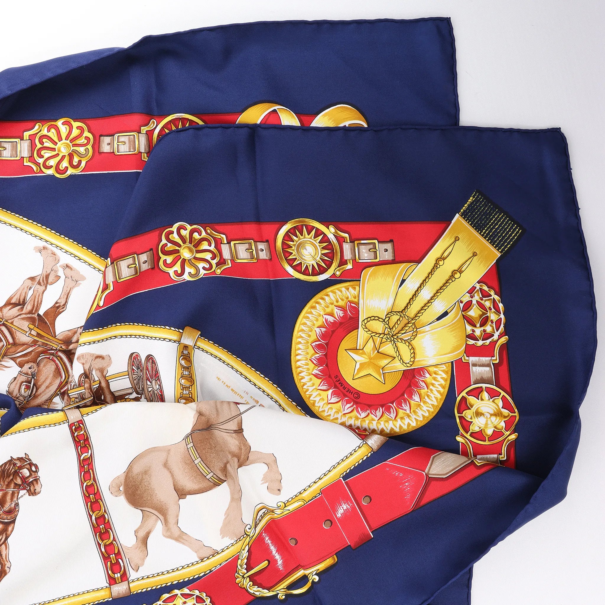 Hermès Carré 90 "CHEVAUX DE TRAIT" Silk handkerchief in Navy Blue
