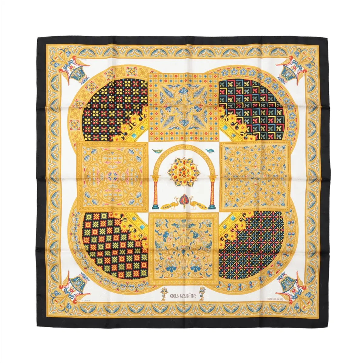 Hermès Carré 90 "Ciels Byzantins" silk scarf in black and gold featuring intricate Byzantine-style mosaic patterns, geometric motifs, and detailed archways bordered in rich gold and blue accents.