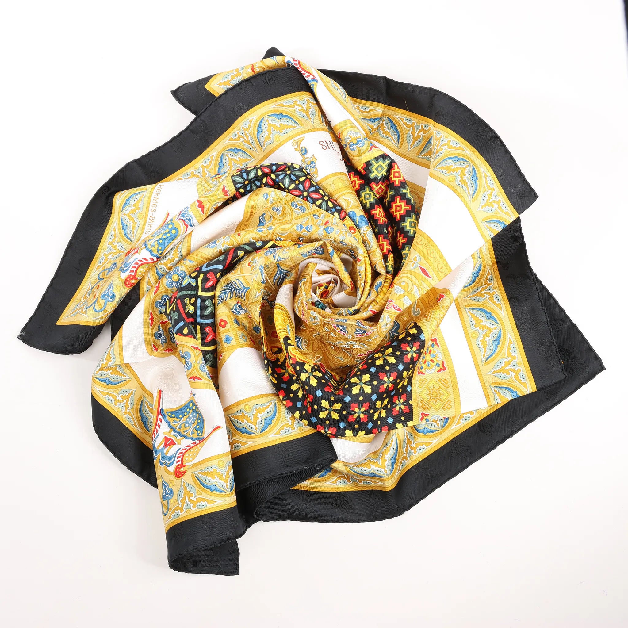 Hermès Carré 90 "CIELS BYZANTINS" Silk handkerchief in Black x Gold