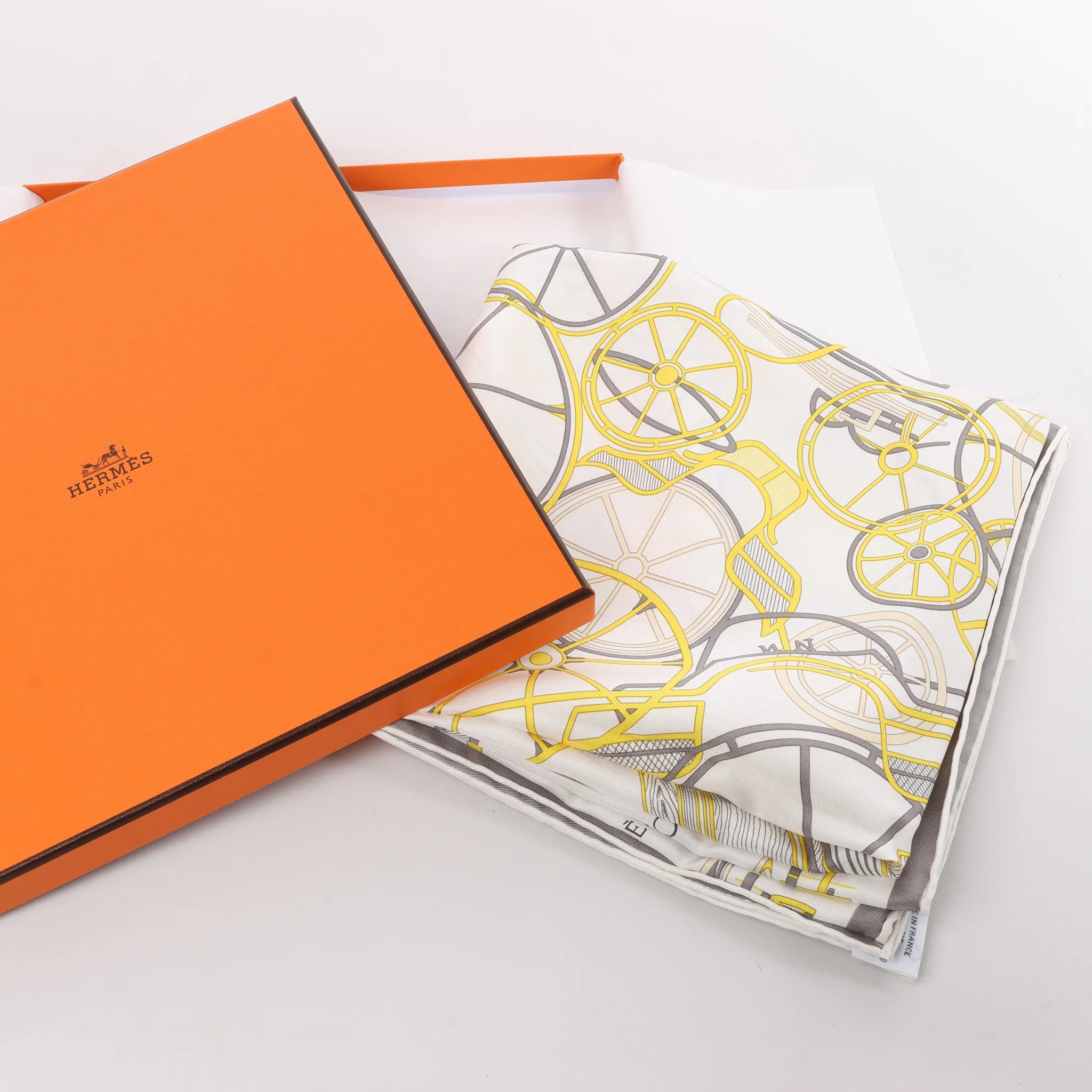 Hermès Carré 90 "COMPLICATION EQUESTR" Silk handkerchief in Gray x Yellow