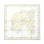 Hermès Carré 90 silk scarf in gray and yellow with white background, line-art horse made of wheel and harness motifs, and a gray border with yellow accents.