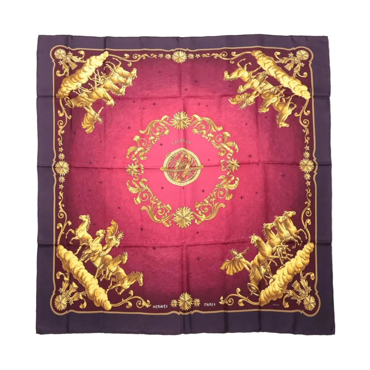 Hermès Carré 90 purple silk scarf with pink center, gold celestial medallion, and gold horse motifs in corners with ornate gold border, laid flat
