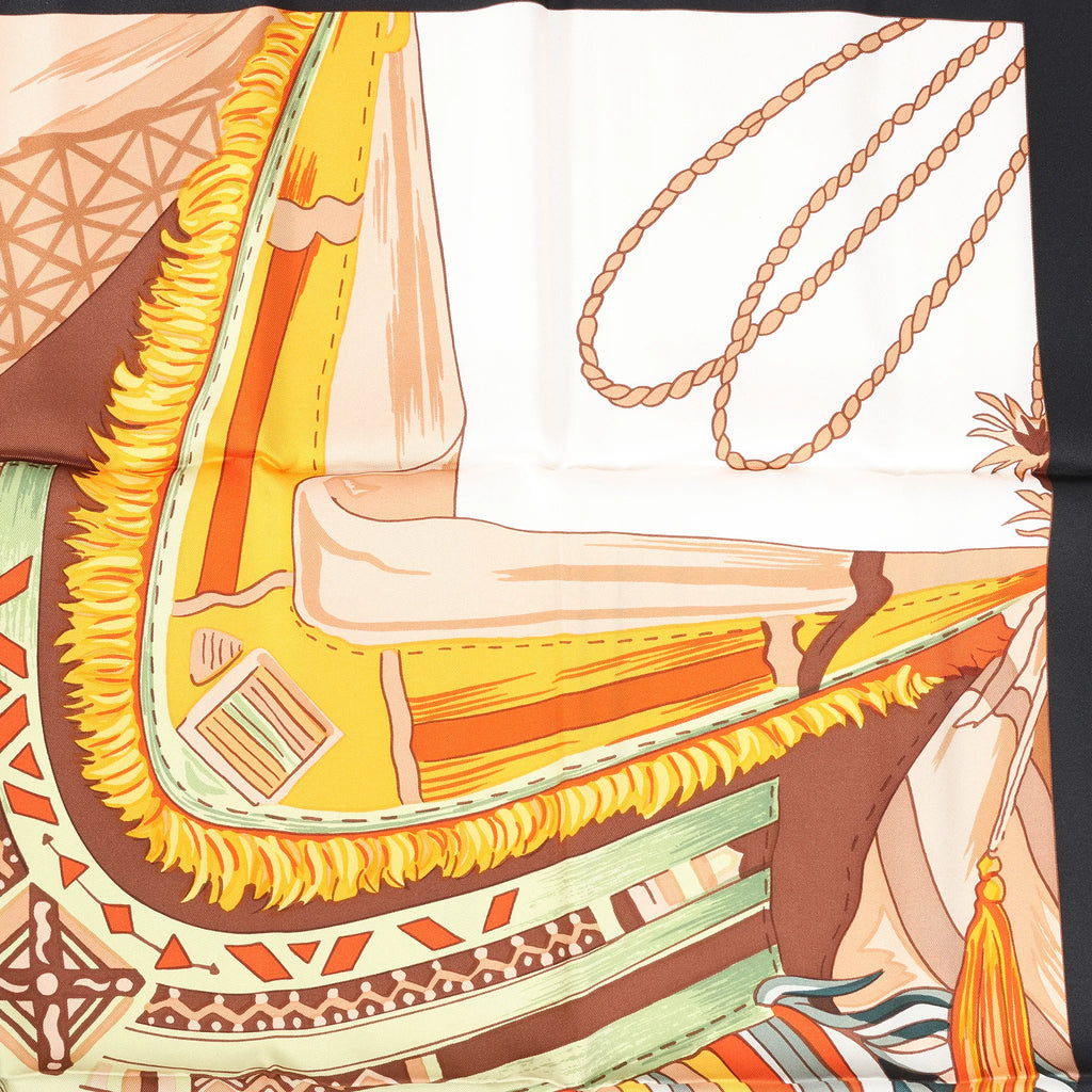 Hermès Carré 90 "CUIRS DU DESERT" Silk handkerchief in Black x Orange