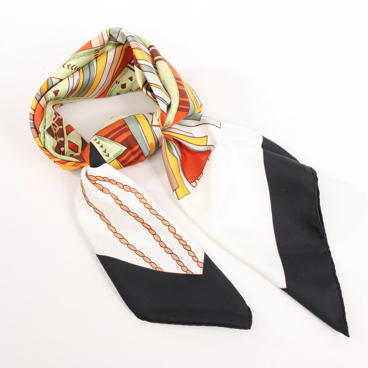 Hermès Carré 90 "CUIRS DU DESERT" Silk handkerchief in Black x Orange