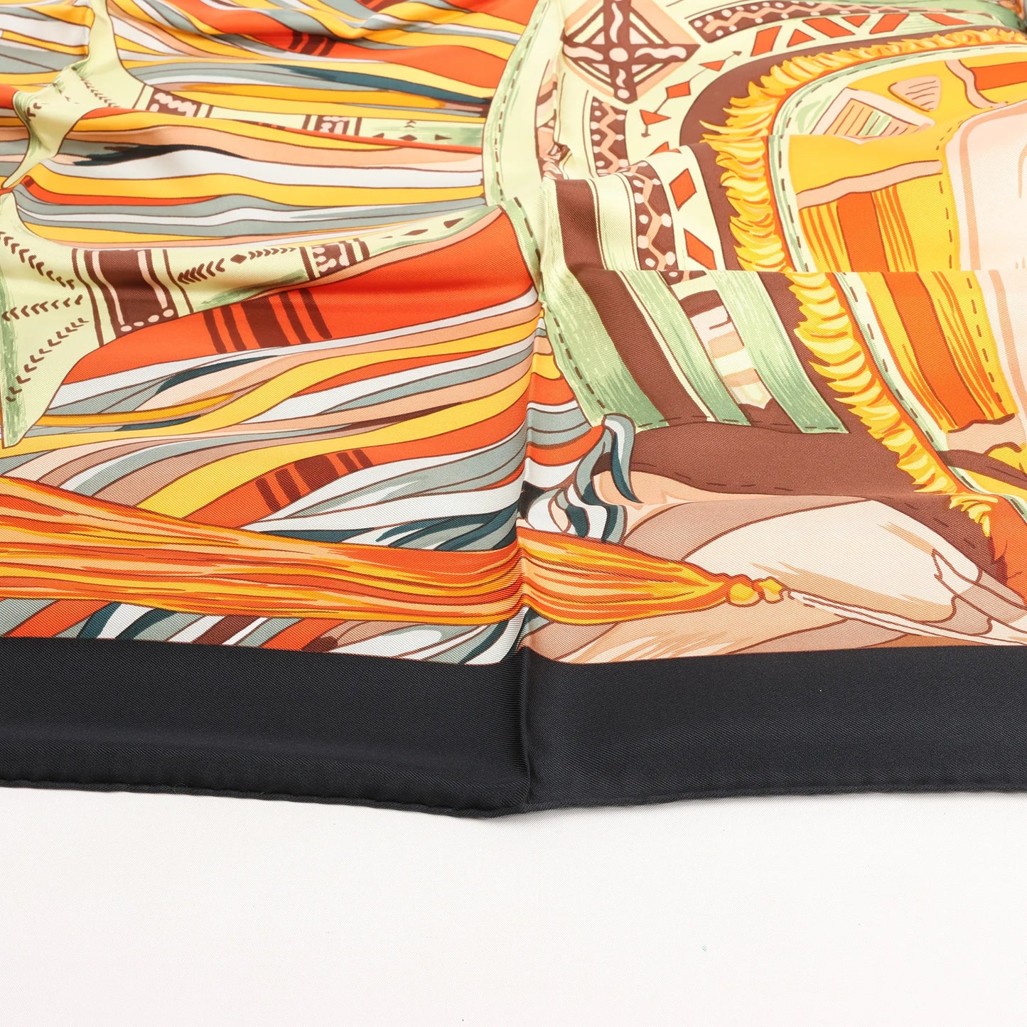 Hermès Carré 90 "CUIRS DU DESERT" Silk handkerchief in Black x Orange