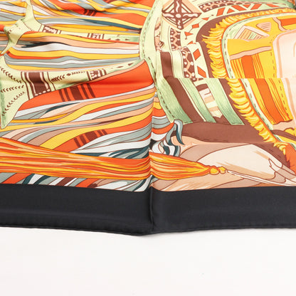 Hermès Carré 90 "CUIRS DU DESERT" Silk handkerchief in Black x Orange