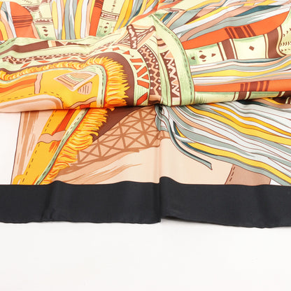 Hermès Carré 90 "CUIRS DU DESERT" Silk handkerchief in Black x Orange