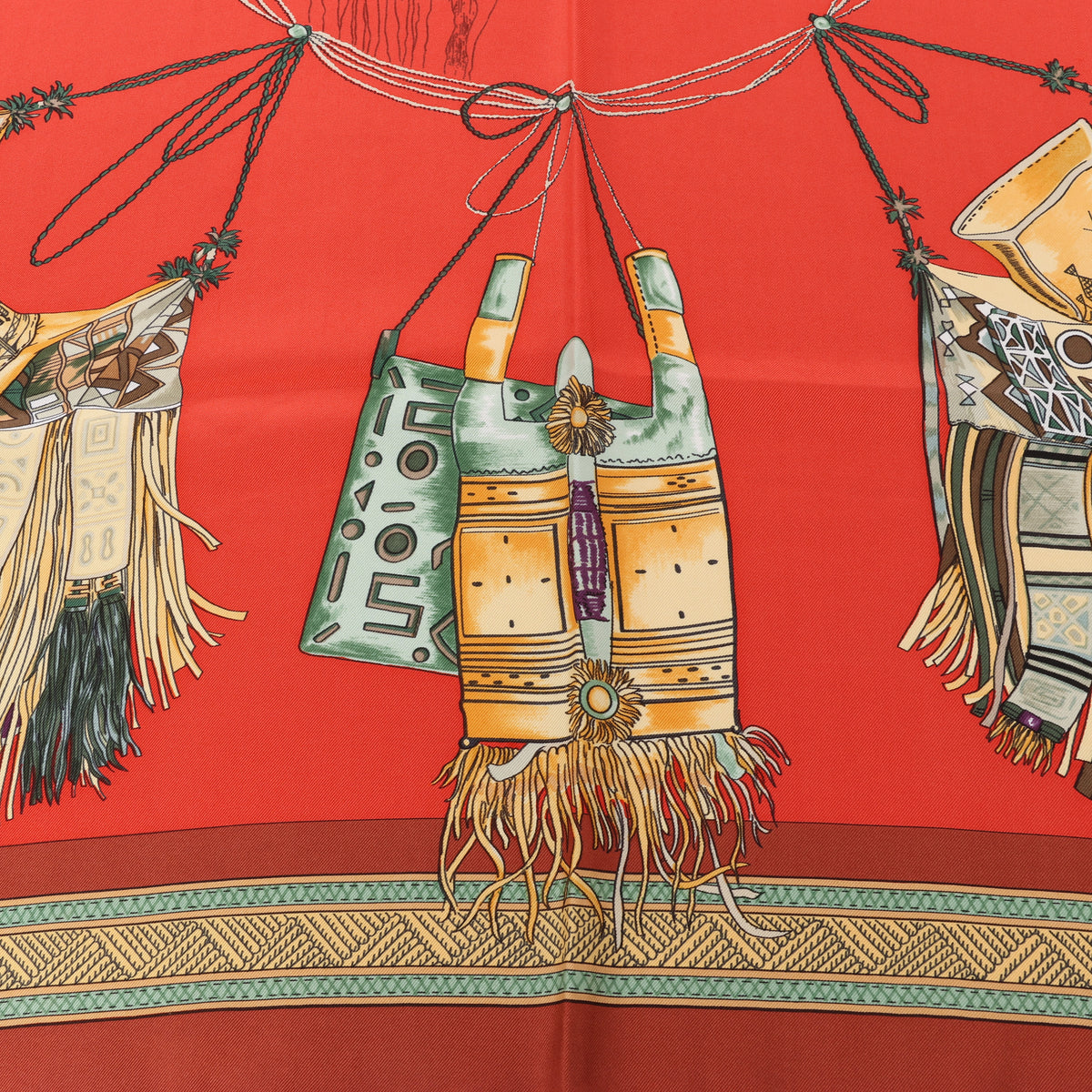 Hermès Carré 90 "CUIRS DU DESERT" Silk handkerchief in Red x Brown