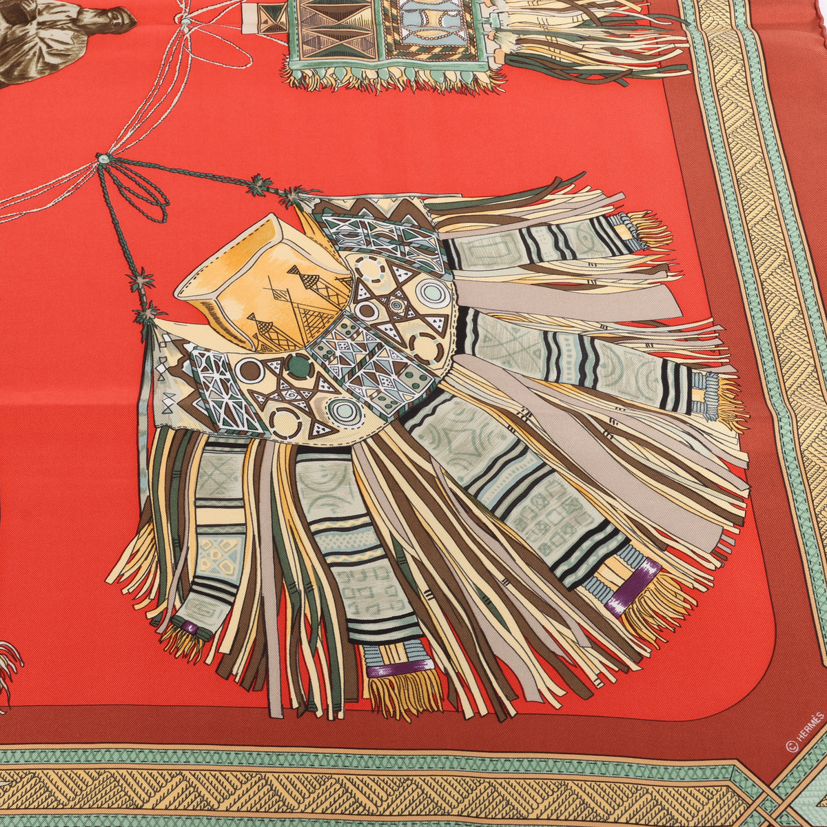 Hermès Carré 90 "CUIRS DU DESERT" Silk handkerchief in Red x Brown